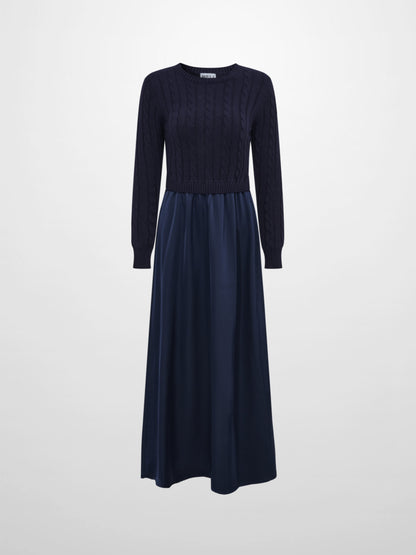 Cable Knit Faux Satin Bottom Dress - Navy Blue