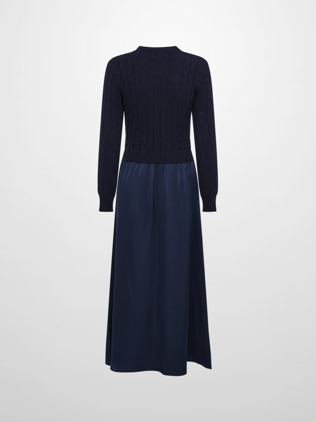 Cable Knit Faux Satin Bottom Dress - Navy Blue