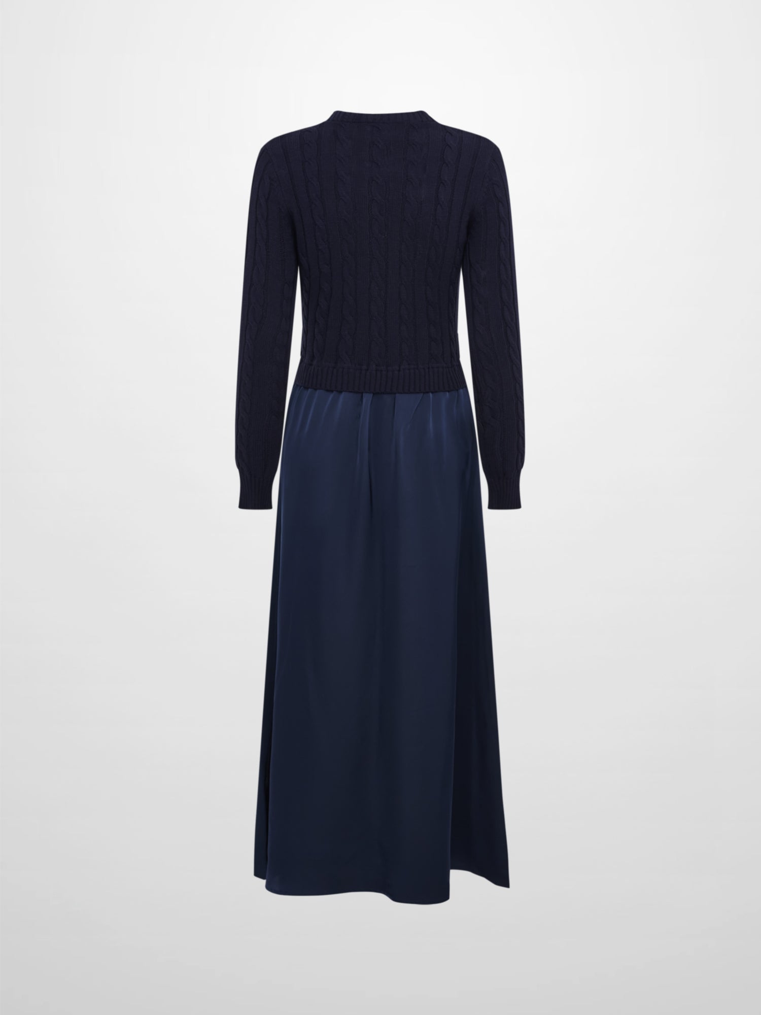 Cable Knit Faux Satin Bottom Dress - Navy Blue