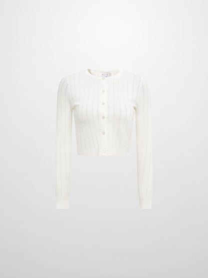 Silk Knit Ribbed Cardigan 17"- Cream