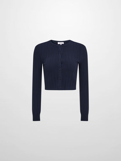 Silk Knit Ribbed Cardigan 17" - Navy