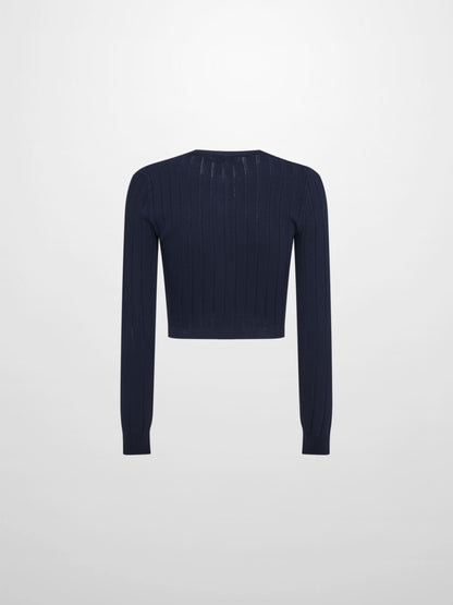 Silk Knit Ribbed Cardigan 17" - Navy