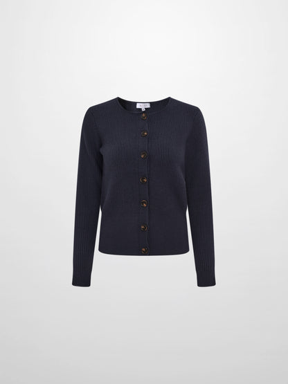 Boxy Crew Neck Button Down Cardigan - Navy
