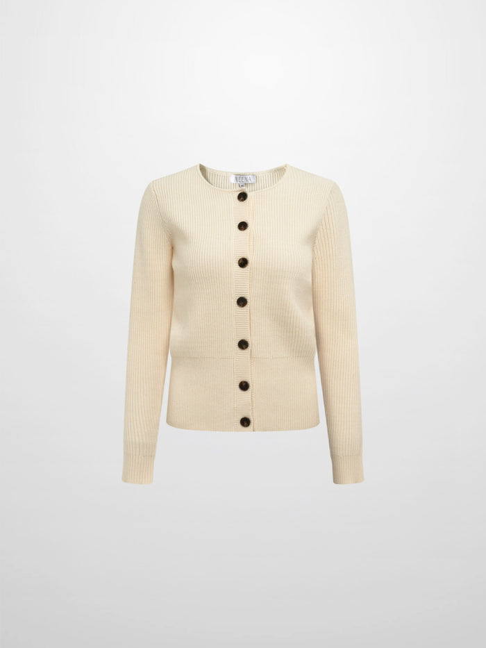 Boxy Crew Neck Button Down Cardigan - Cream