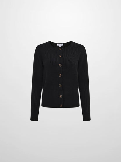 Boxy Crew Neck Button Down Cardigan - Black