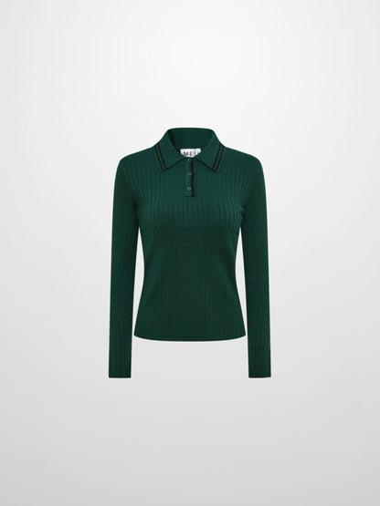 Ribbed Polo Sweater - Green/Grey Stripe