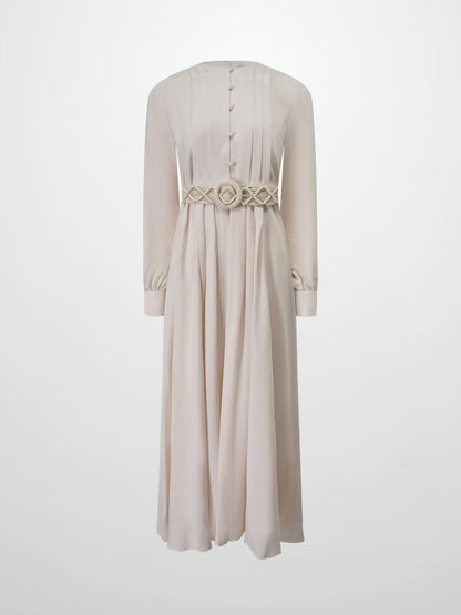 Pleat Top Silk/Linen Blend Dress-Oatmeal