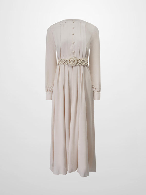Pleat Top Silk/Linen Blend Dress-Oatmeal
