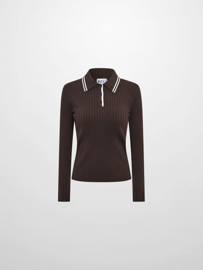 Ribbed Polo Sweater - Brown/Cream Stripe