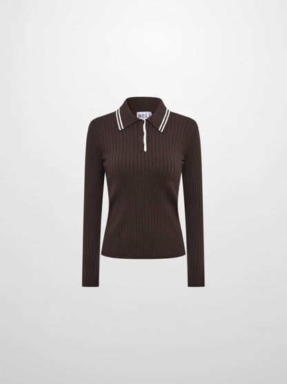 Ribbed Polo Sweater - Brown/Cream Stripe