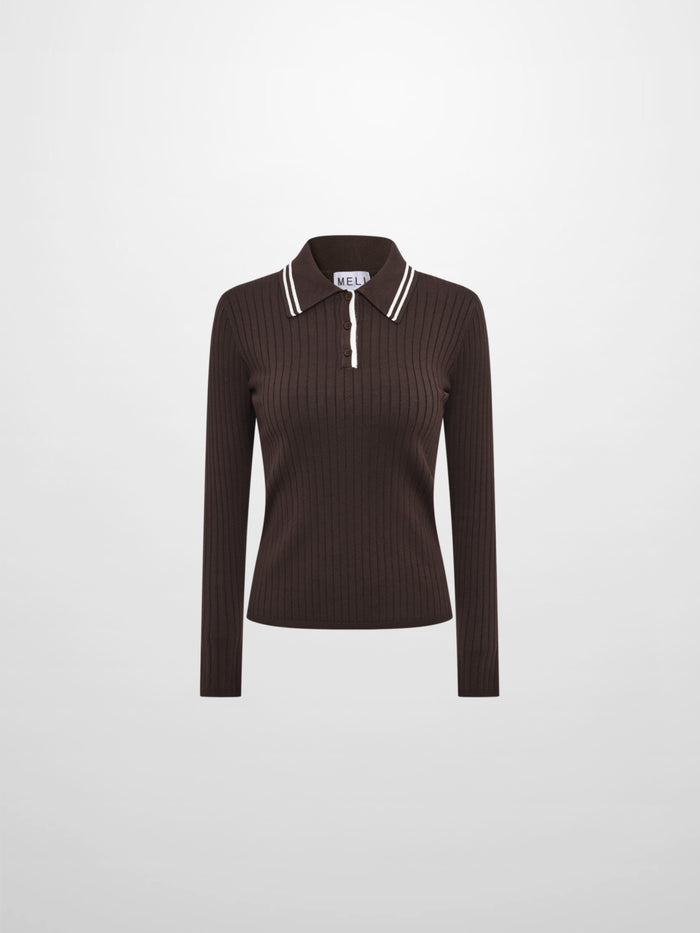 Ribbed Polo Sweater - Brown/Cream Stripe
