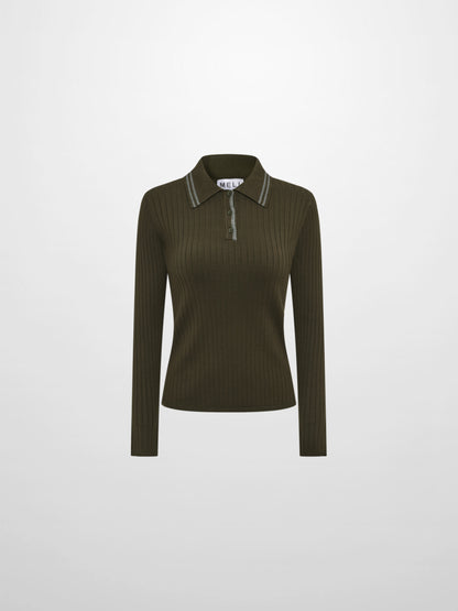 Ribbed Polo Sweater - Green/Grey Stripe