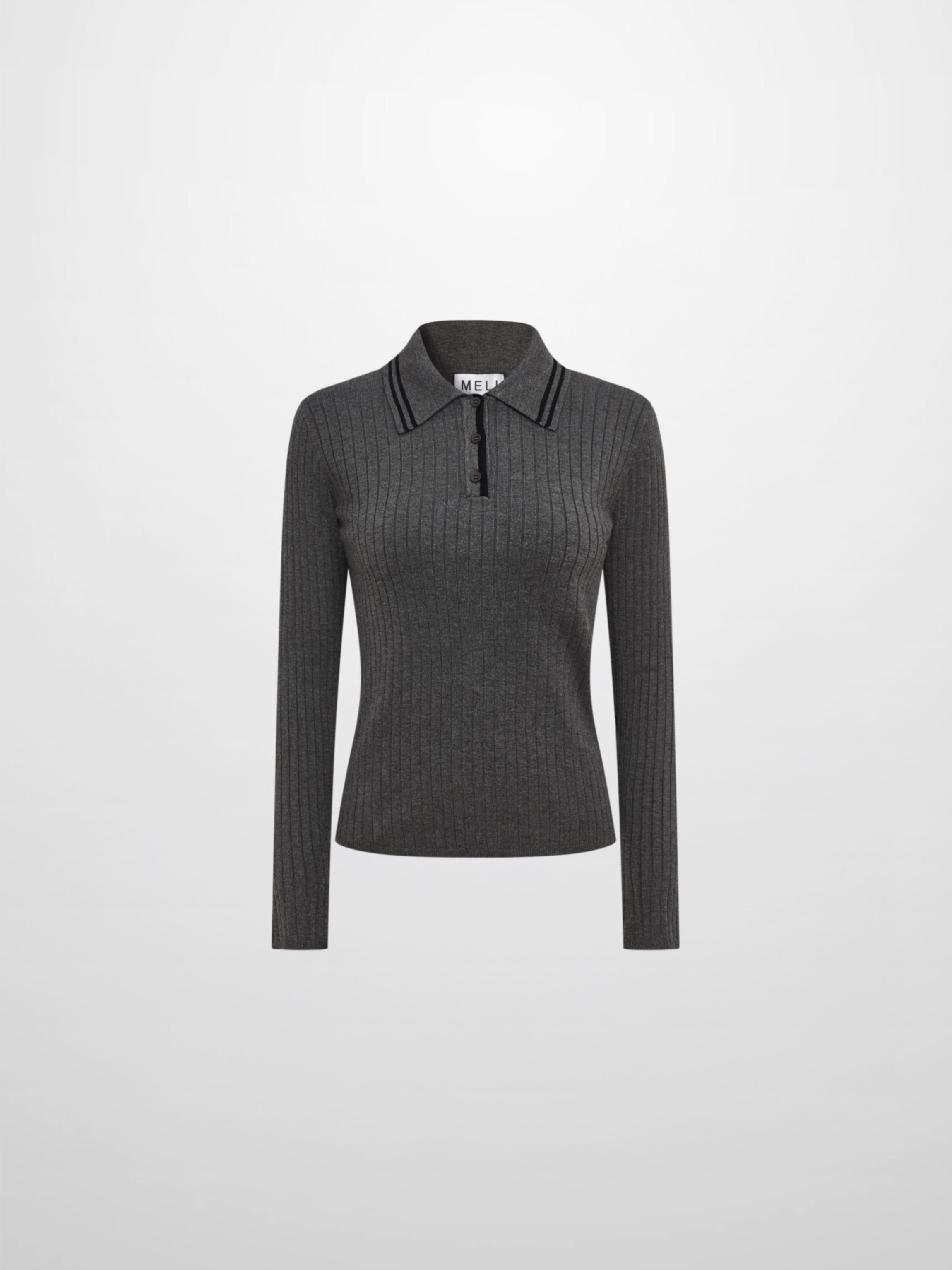 Ribbed Polo Sweater - Grey/Black Stripe