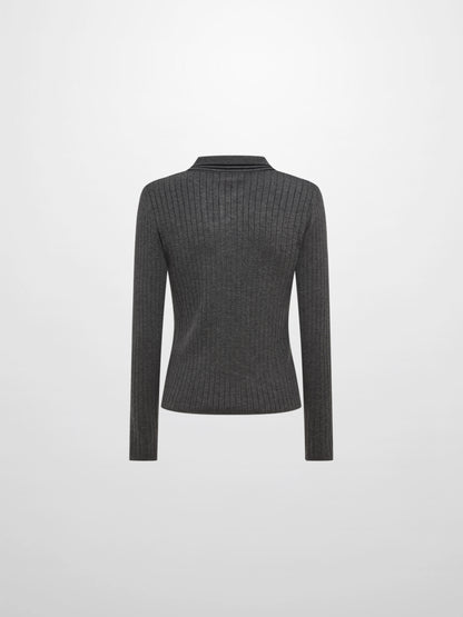 Ribbed Polo Sweater - Grey/Black Stripe