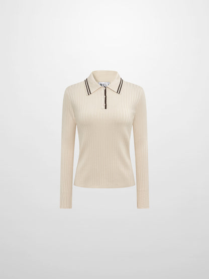 Ribbed Polo Sweater - Cream/Brown Stripe