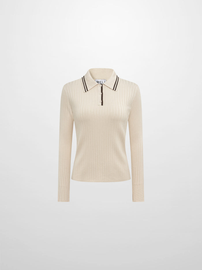 Ribbed Polo Sweater - Cream/Brown Stripe