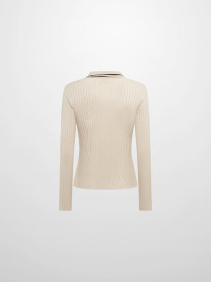 Ribbed Polo Sweater - Cream/Brown Stripe