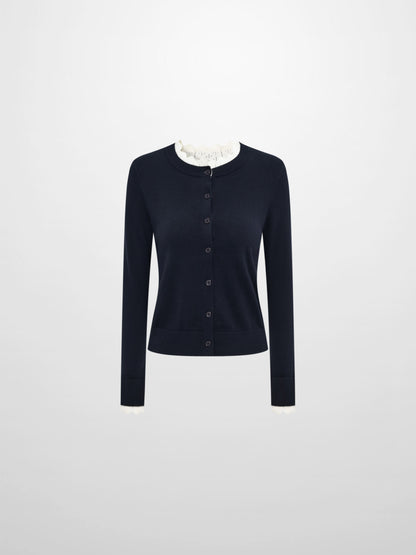 Eyelet Knit Trim Cardigan - Navy
