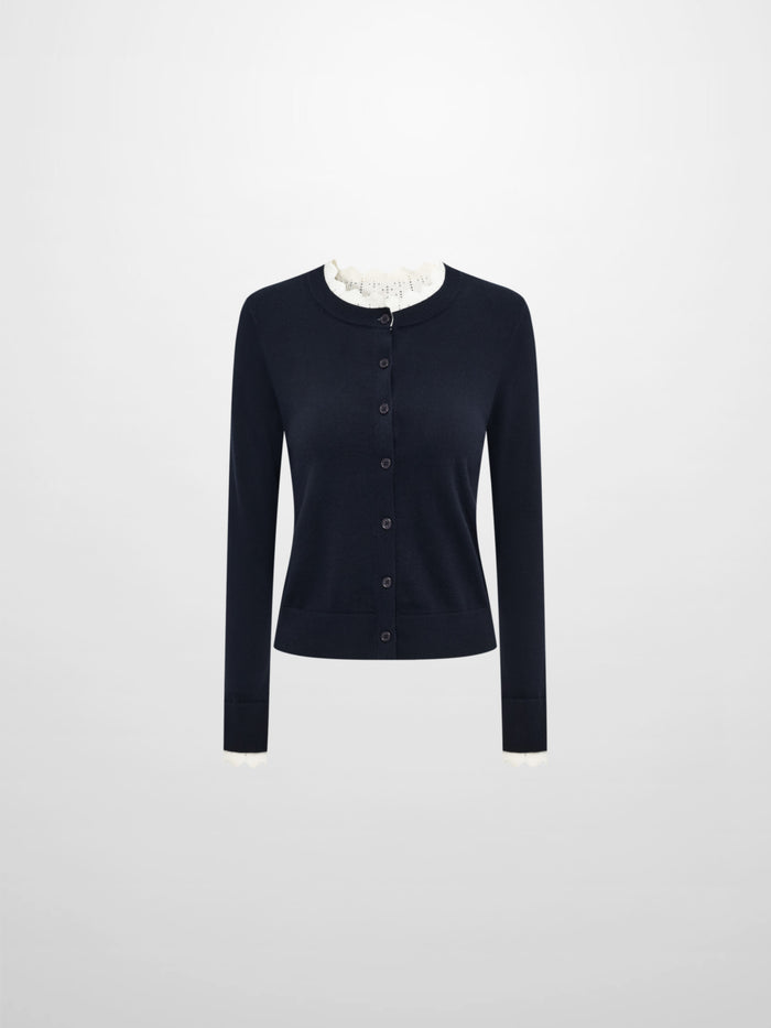 Eyelet Knit Trim Cardigan - Navy