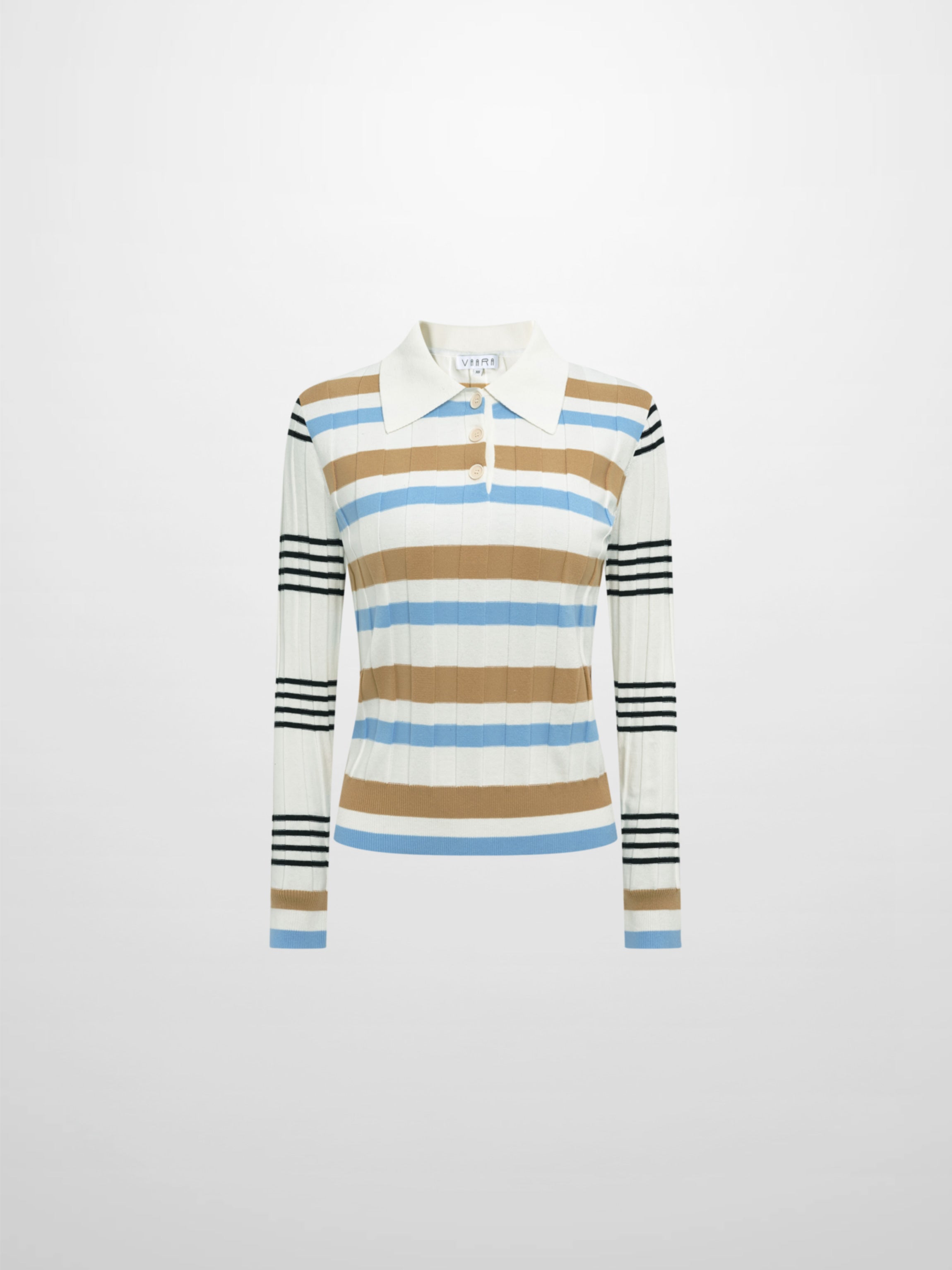 Mixed Stripe Ribbed Polo - Tan/Light Blue