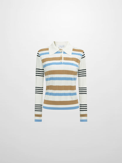 Mixed Stripe Ribbed Polo - Tan/Light Blue