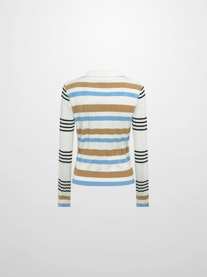 Mixed Stripe Ribbed Polo - Tan/Light Blue