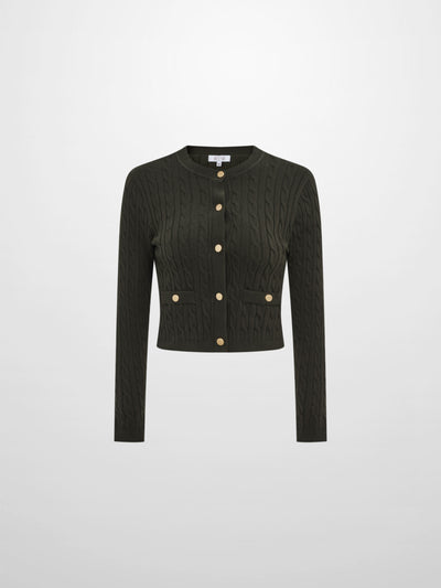 Gold Button Cable Cardigan - Green