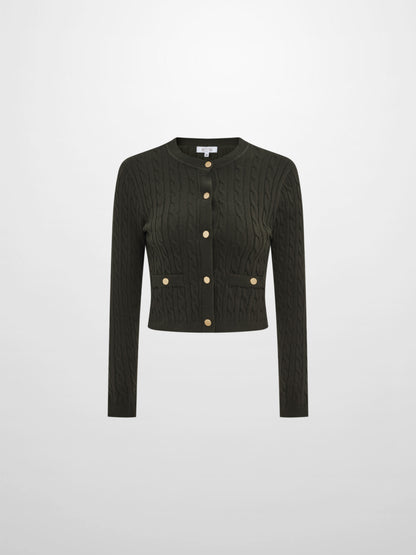 Gold Button Cable Cardigan - Green