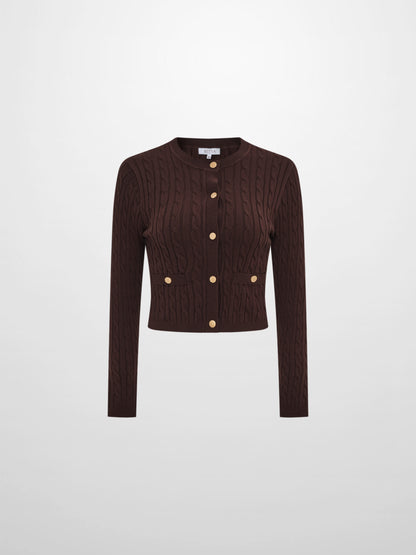 Gold Button Cable Cardigan - Brown