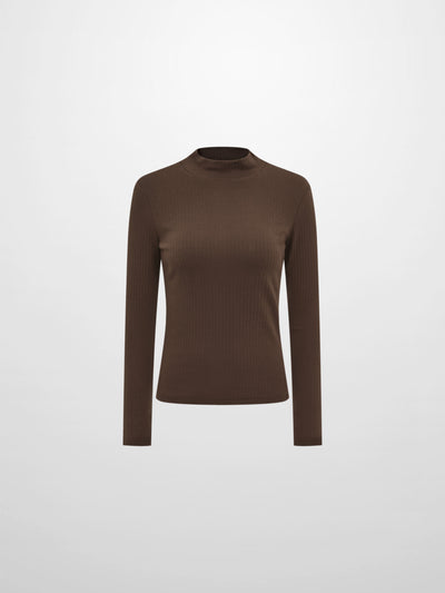 Ribbed Mock Neck Turtleneck - Chocolate Brown