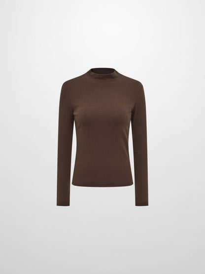 Ribbed Mock Neck Turtleneck - Chocolate Brown