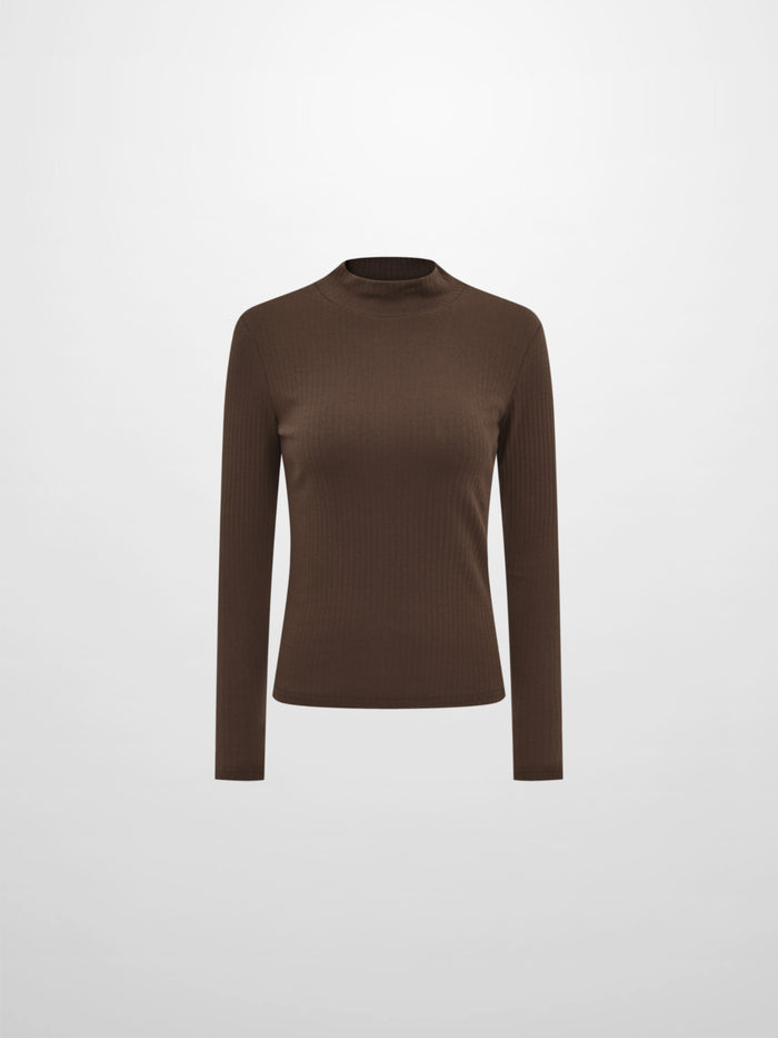 Ribbed Mock Neck Turtleneck - Chocolate Brown