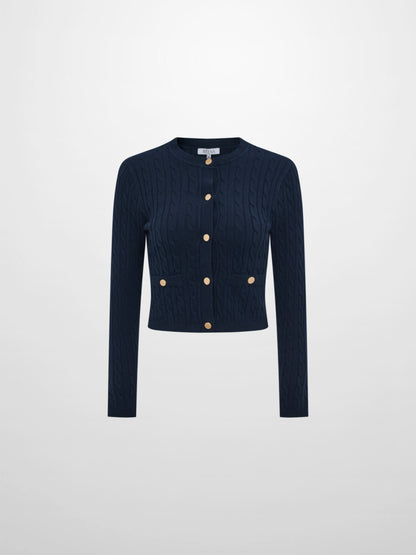 Gold Button Cable Cardigan - Navy