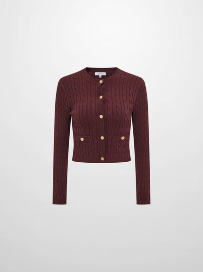 Gold Button Cable Cardigan - Burgundy
