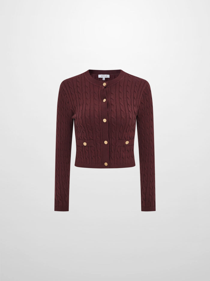 Gold Button Cable Cardigan - Burgundy