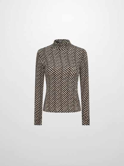 Printed Stretch Textured Turtle Neck - Black and White Checked