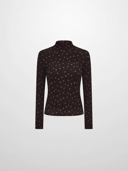 Printed Stretch Textured Turtle Neck - Brown Mini Rose