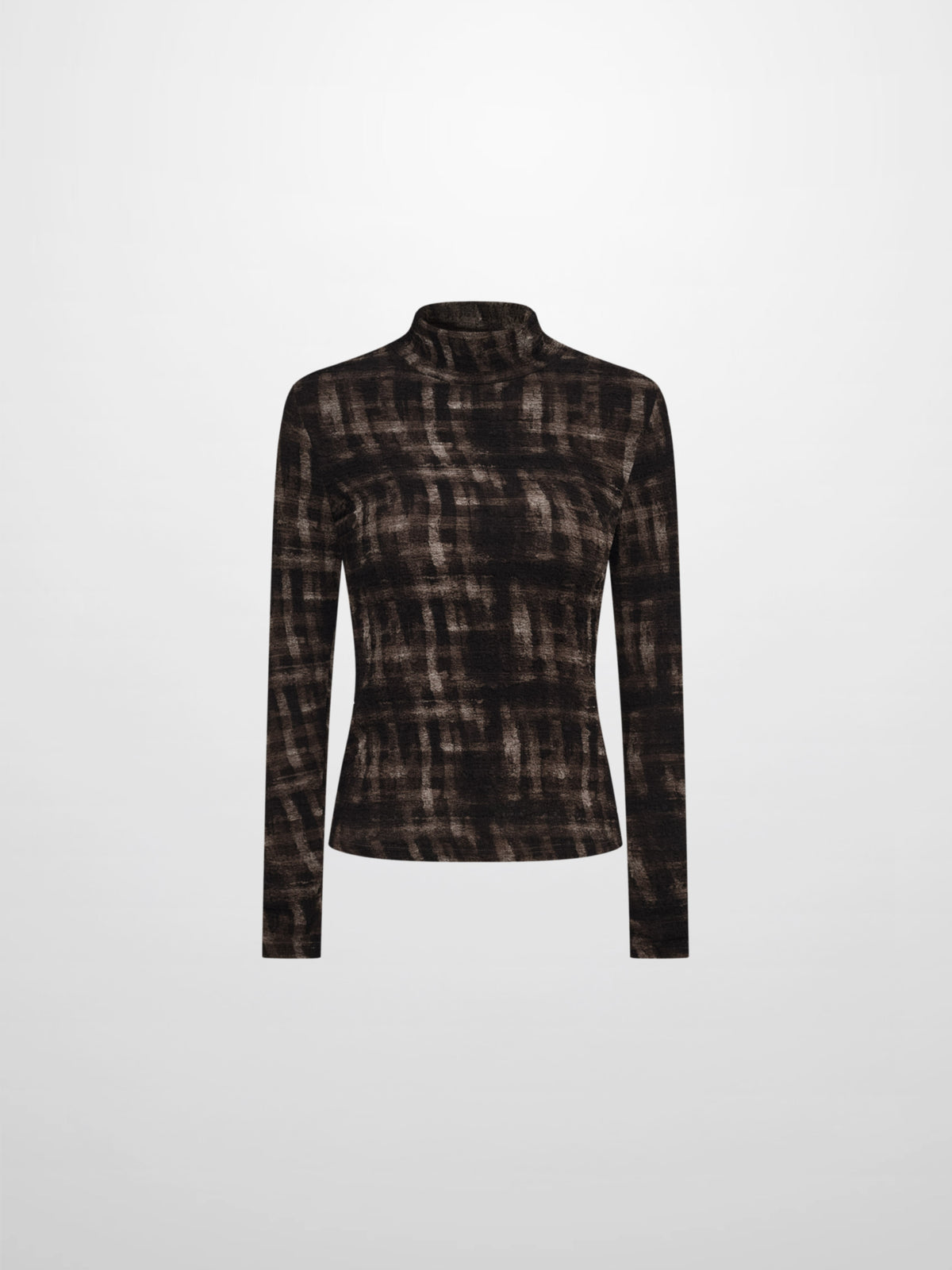 Printed Stretch Textured Turtle Neck - Grey and Black Plaid