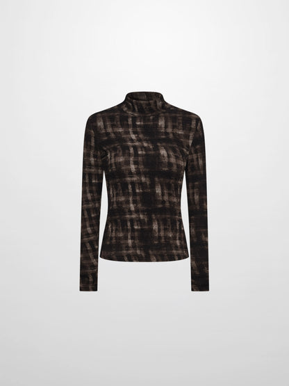 Printed Stretch Textured Turtle Neck - Grey and Black Plaid