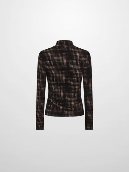 Printed Stretch Textured Turtle Neck - Grey and Black Plaid