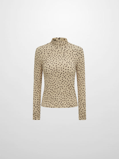Printed Stretch Textured Turtle Neck - Cream/Burgundy Dots