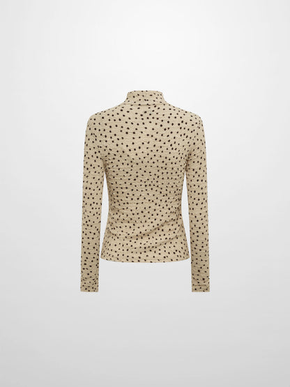 Printed Stretch Textured Turtle Neck - Cream/Burgundy Dots