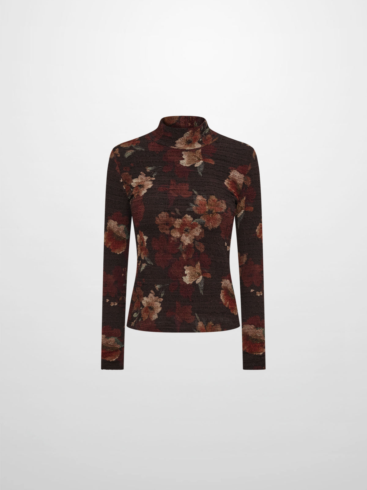 Printed Stretch Textured Turtle Neck - Brown Floral