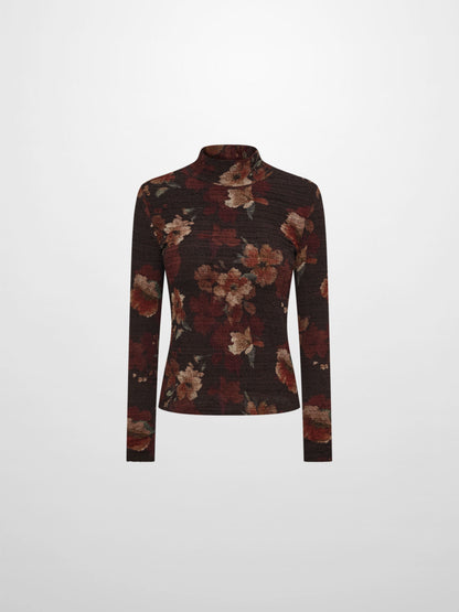 Printed Stretch Textured Turtle Neck - Brown Floral