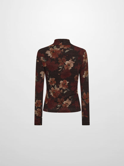 Printed Stretch Textured Turtle Neck - Brown Floral