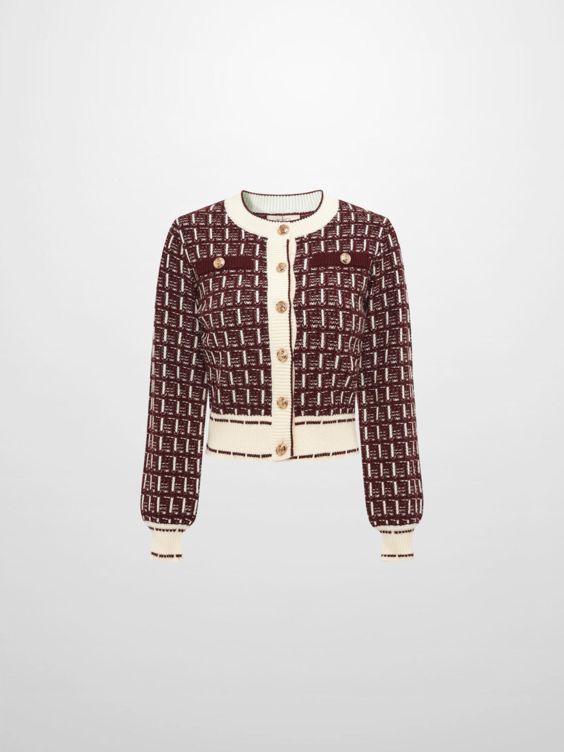Gold Button Down Plaid Cardigan - Burgundy/Cream