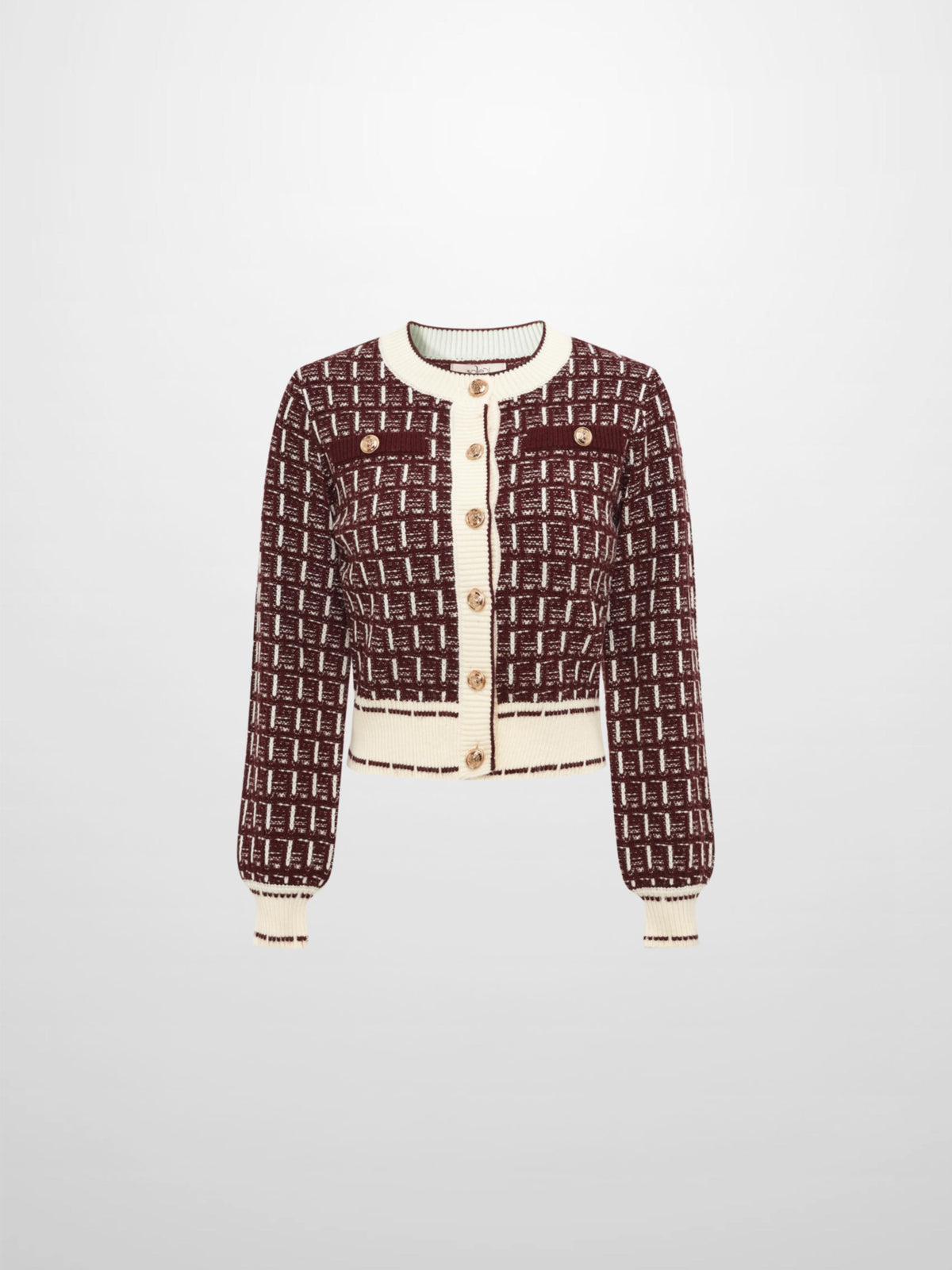 Gold Button Down Plaid Cardigan - Burgundy/Cream