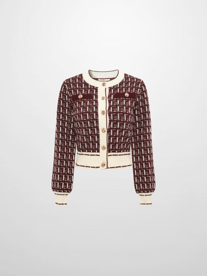 Gold Button Down Plaid Cardigan - Burgundy/Cream