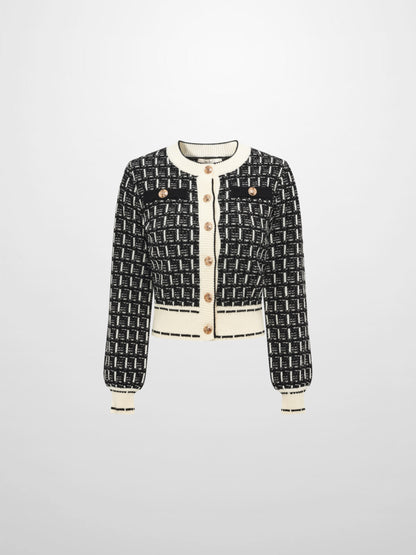Gold Button Down Plaid Cardigan - Black/Cream