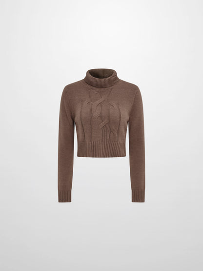Front Cable Crop Turtleneck Sweater - Warm Taupe